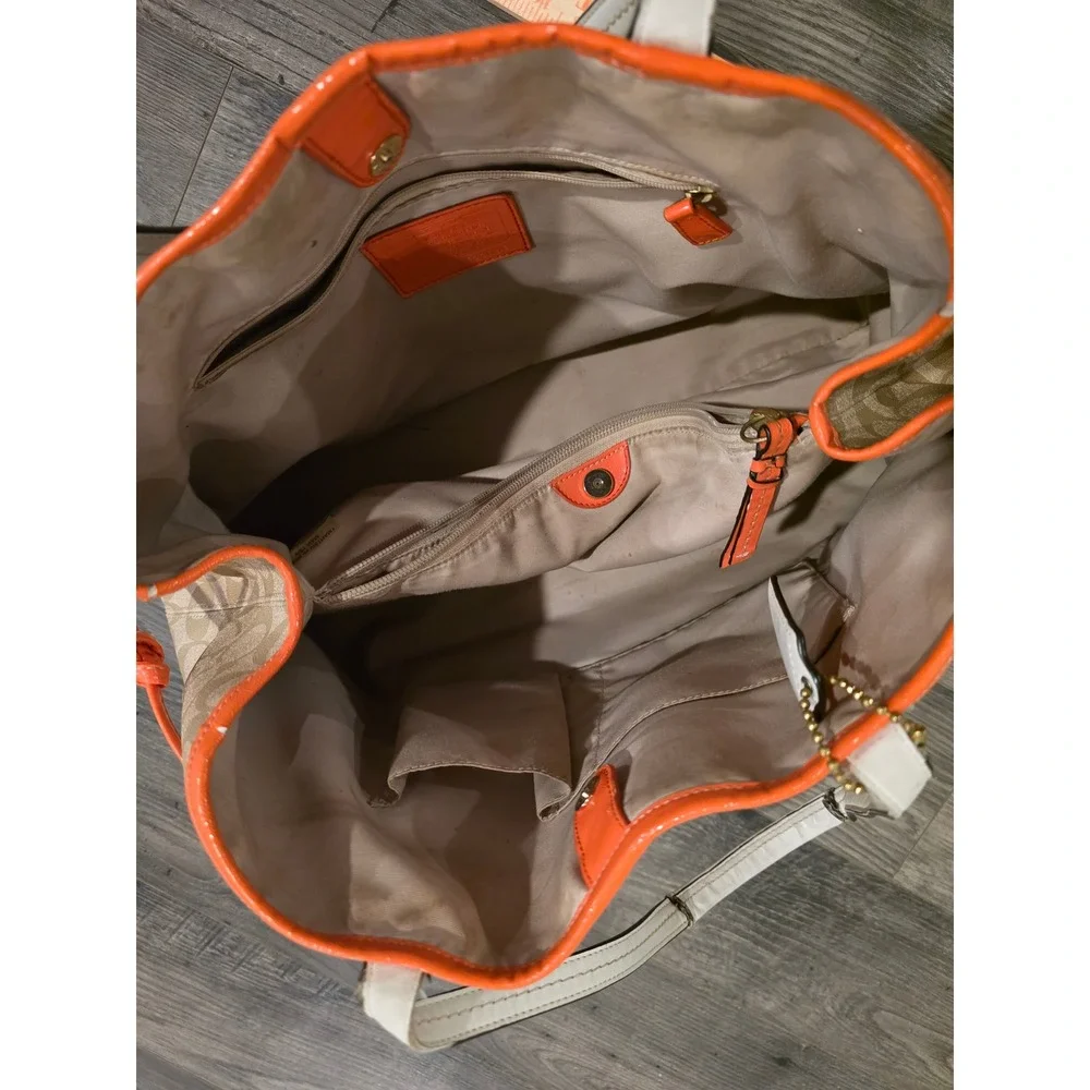 Coach‎ Heritage Stripe Drawstring Tote Bag Khaki Orange Signature Canvas F18923